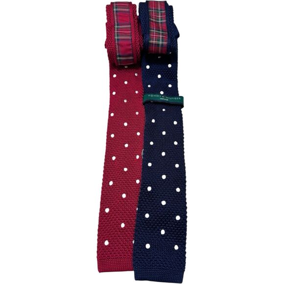 2 Tommy Hilfiger Knit Tie Mens Crunchy Square Silk Long Skinny Polka Dot Necktie